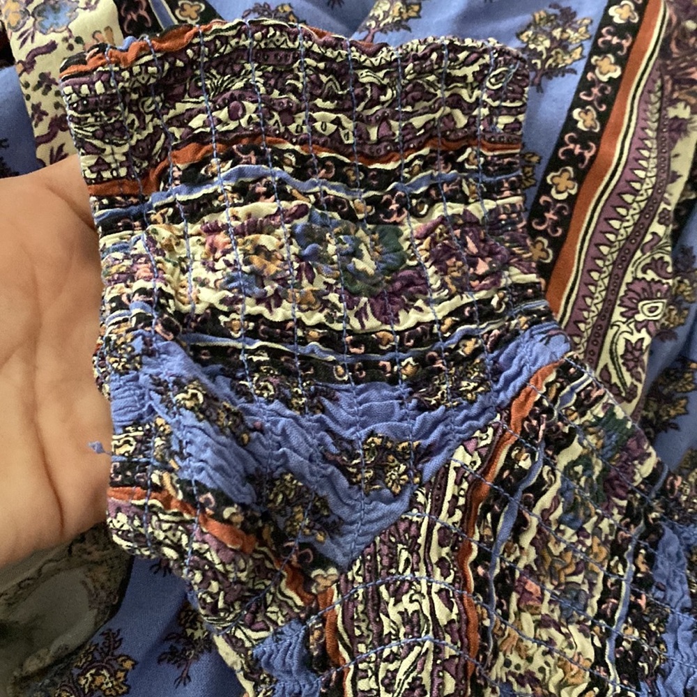 ❌SOLD❌Band of Gypsies Off Shoulder Patchwork Maxi Dress with Pockets💙💜🤍 - Picture 5 of 10